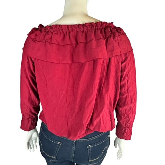 Elliott & Vine Womans Sz 2X Plus Blouse Maroon Ruffle Knotted Button Front - Picture 6 of 7